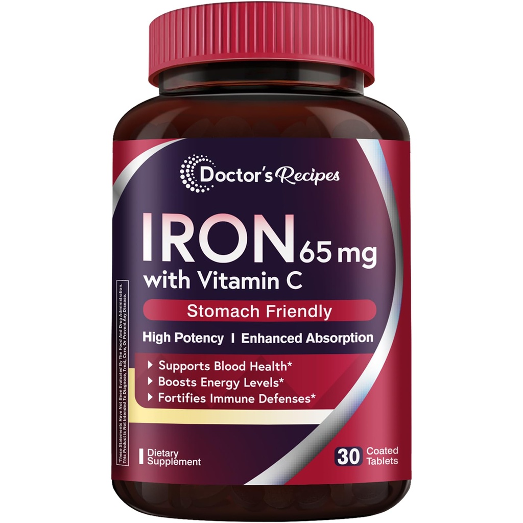 Lääkärin reseptit Iron Supplement 65 mg kanssa C-vitamiini - Maksimoitu Imeytyminen ja vatsa Friendly Iron Pills Red Blood Cells Formation, Heart, Aivot & Immuniteetti Terveys - Vegan ei-GMO 30 rautatablettia
