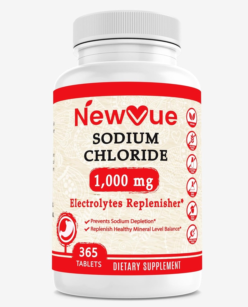 Natriumkloridi 1000 mg, 365 tablettia - Suolatabletit, ei-GMO, Gluteeniton - Juo Elektrolyyttien kanssa Korvattu nesteytys