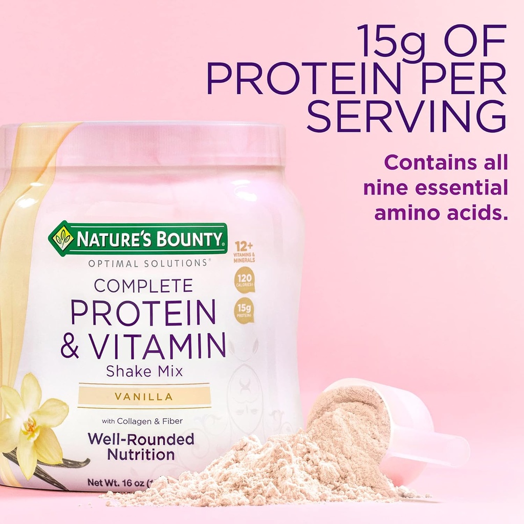 Nature's Bounty Complete Protein & Vitamiini Shake Mix Collagen & Fiber, sisältää C-vitamiinia immuuniterveyteen, Vanilla Flavored,1 punta (Pack of 2)