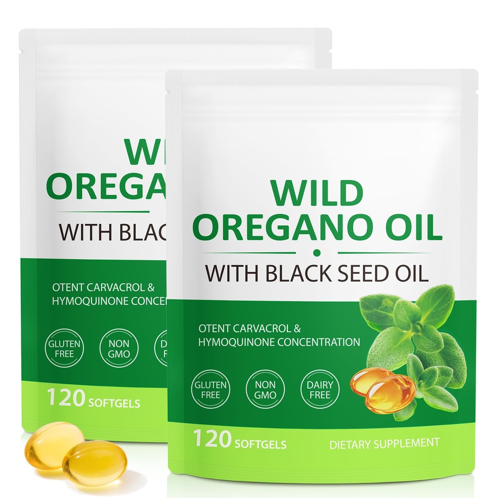 Oil of Oregano Softgels, 2 in 1 Oil of Oregano with Black Seed Oil 240 Count, Oregano Oil Supplement Kapselit, Organic Oregano Oil Extract, Ei-GMO, Gluteeniton - 2 Bag