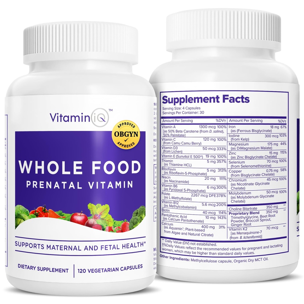 Hel mat prenatal vitaminer (120 kapslar) naturligt stöd för materiell och dödlig hälsa, prenatal multivitamin för kvinnor med kolin, B-vitaminer och mer, Vegan, ingen soja, gluten eller mejeri