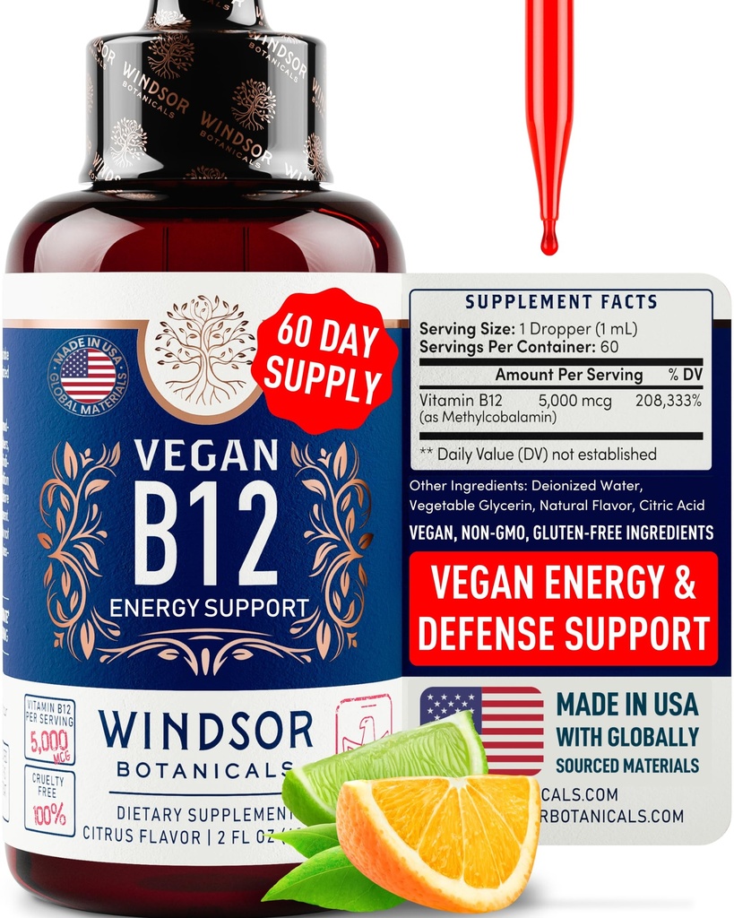 Vegaani B12-vitamiini nestemäinen - Max Vahvuus Metyylikobalamiini B12 Sublingual 5000 mikrog - Nopea absorbointi täydentää mielialan, muistin ja energian tuki - ei-GMO, Gluteeniton, Citrus Flavor B 12 Drops, 2oz