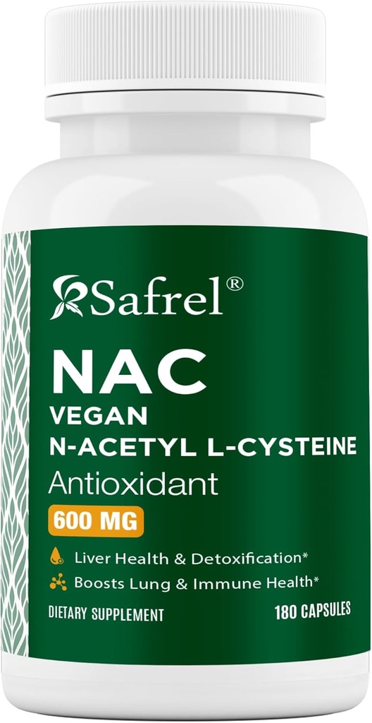 Safrel N-asetyyli-L-kysteiini (NAC) -kapselit, 600 mg, 180 Count, Hengityselimet, Immuuni, Maksan terveys Potent antioksidantti tuki, vapaaradikaaleja, helppo imeytyä, ei-GMO, Gluteeniton