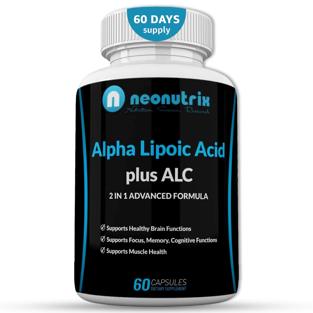 Alpha Lipoic Acid Plus Acetyl L-karnitiini Antioksidantti täydentää ALA ALC terveiden aivojen toiminta ja lihasten vahvuus, keskittyä, muisti & kognitiivinen toiminto naisille ja miehille - 60 kapselia Neonutrix