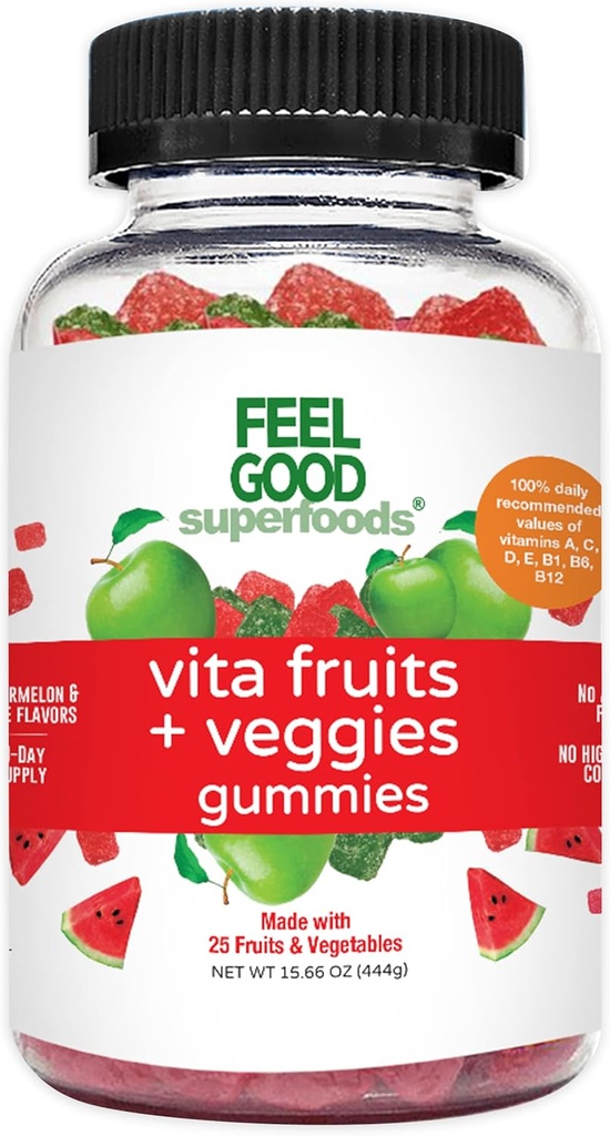 FeelGood Superfoods Vita Fruits och Veggies Supplements, Multivitamin Fruit och Vegetable Gummies, 25 Frukt och grönsaker, Watermelon och Apple Flavors, Vegan, Non-GMO, 60 Count