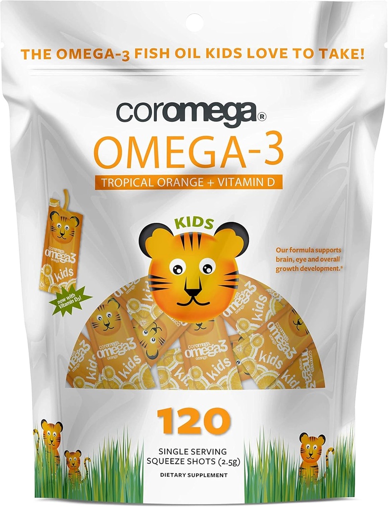 Coromega Kids Omega 3 Fish Oil Supplement, 650mg Omega-3s, Trooppinen Orange + D-vitamiini, 120 Single Serve Squeeze Packets