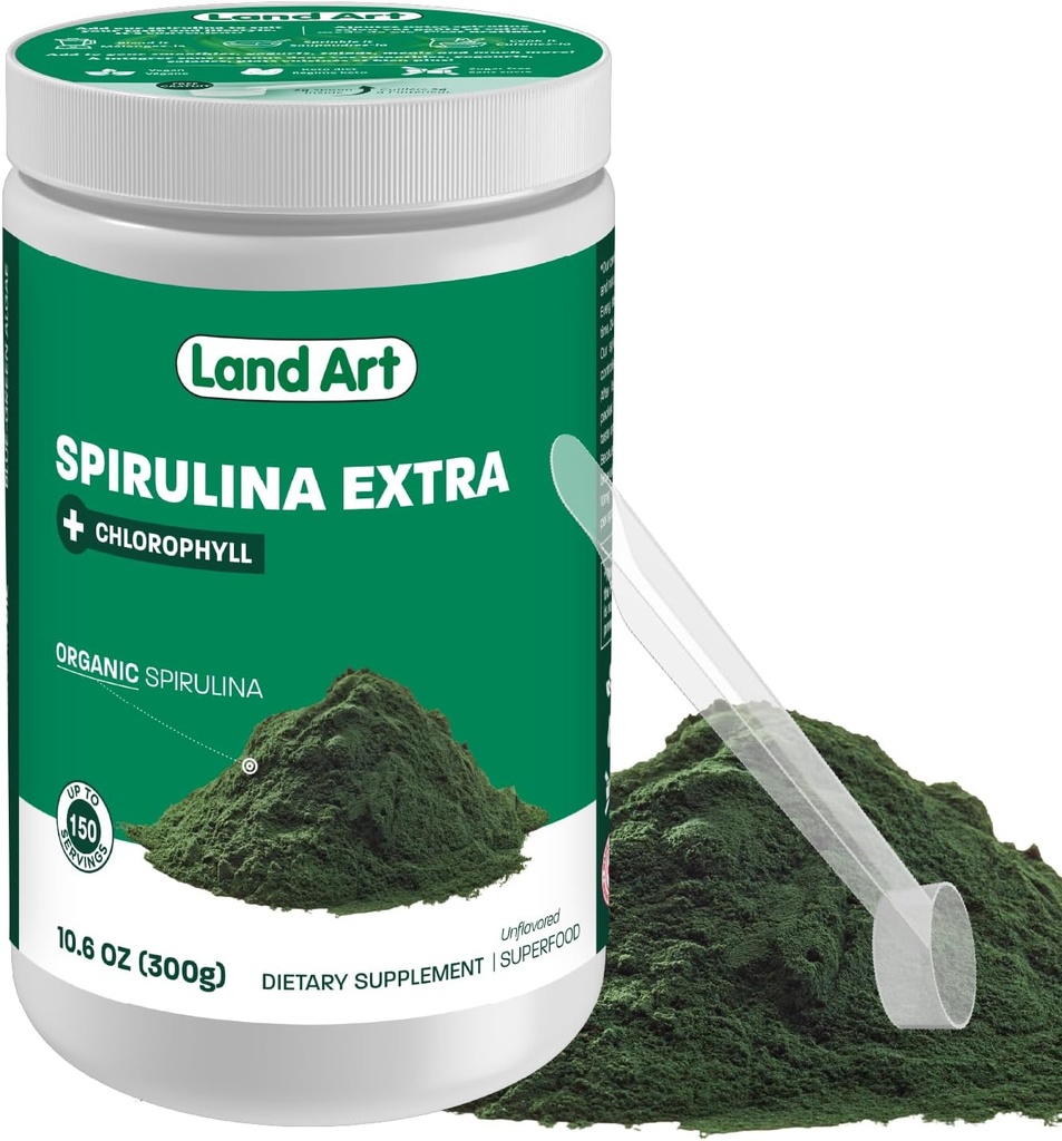 Land Art Certified Organic Fresh Spirulina Extra Powder 300g - Parannettu Biosablet klorofylli Lisätty - Unmakuinen - Clean Source - 3rd Party Tested - Measurement Spoon Inside