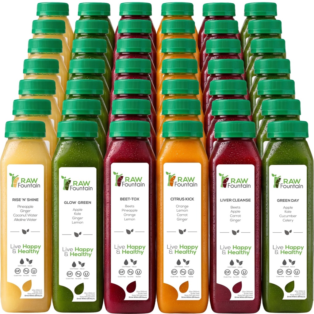 7 Day Juice Cleanse by Raw Fountain, Kaikki Natural Raw Detox Cleanse, Juiceing Body Rest, Kylmä Pressed Juice Fast, Suuri tapa hyppäämään Terve Ruokavalio, 42 pullo 12oz, 7 inkivääri shotteja