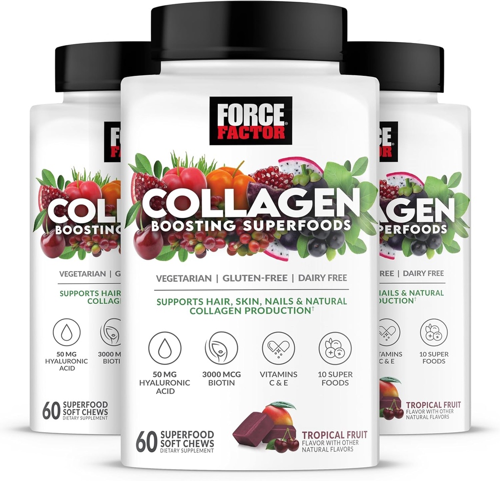 FORCE FACTOR Collagen Boosting Superfoods, Vegan Collagen Booster naisille, Biotiini, Hyaluronihappo, ja C-vitamiini, Hiukset, iho, kynnet, & Joint Support, Trooppiset hedelmät, 180 pehmeät purukumia, 3-pakkaus