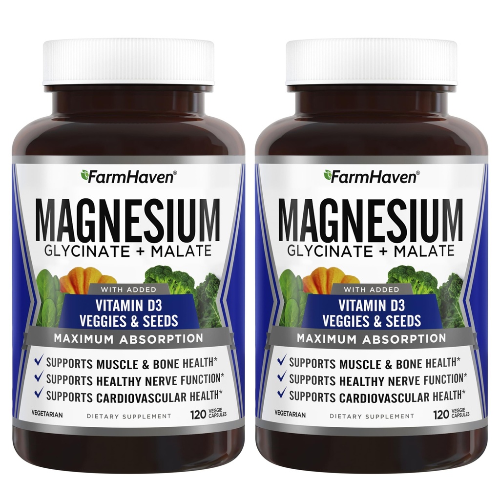 FarmHaven Magnesium Glycinate & Malate Complex w/ Vitamin D3, 100% kelated for Max Imeytyminen - luun terveys, hermot, lihakset, 240 kapselia, 120 päivää