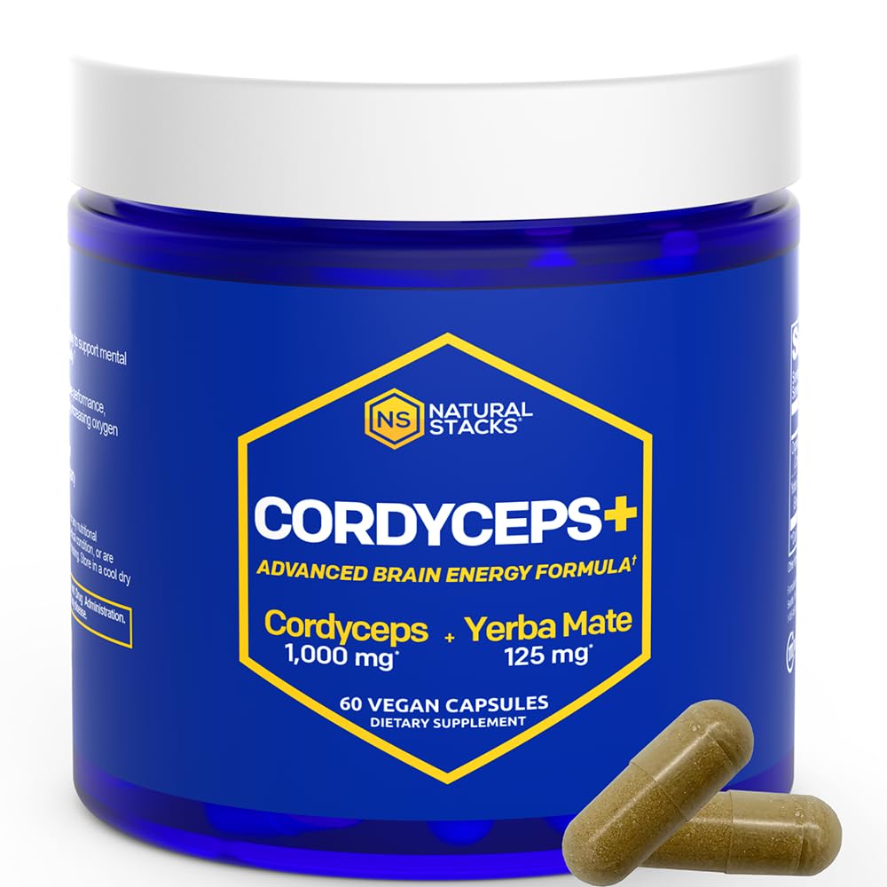 Cordyceps Mushroom Capsules - 1000mg Cordyceps Extract & 125mg Yerba Mate Extract - 100% Fruiting Body Mushroom Supplement - Stöder Brain Energy & kognitiv prestanda - 60 Yerba Mate Capsules