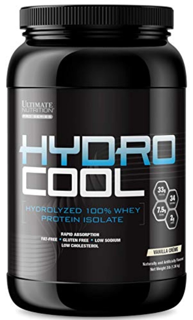 Ultimate Nutrition HydroCool Hydrolyzed Whey Protein Isolate Powder with no bloating - Fat and Gluten Free, Rapid Imeytyminen, 33 Gram of Protein, Vanilla, 3 punta