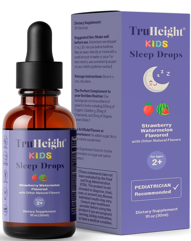TruHeight Kids Sleep Tincture Ages 2 + (Watermelon Flavor) - Barn, småbarn och barn naturlig sömnhjälp - baby, småbarn, barnmelatonin 2 år gammal + - Vitamin B6, Riboflavin, Zink, koppar, citronbalm