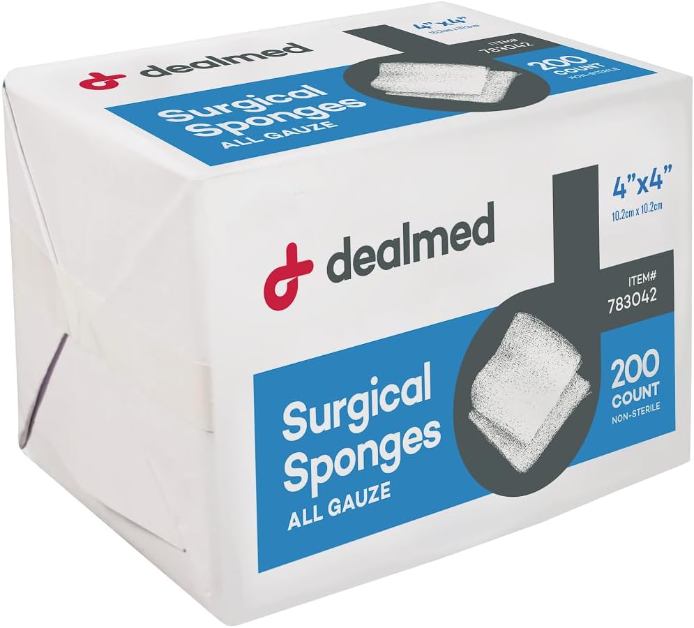 Dealmed 4 "x 4" kirurgiska svampar, 8-Ply, icke-vävda Absorbent Gauze svampar för sårvård, första hjälpen Kits och Medicinska Faciliteter, 200 greve (1)