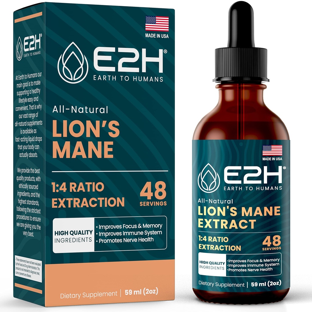 Lions Mane - Lions Mane Supplement - Edistää mielen kirkkautta, muistia ja keskittyä - Lions Mane Liquid for Immuuni tukea - Sienen tincture - 2 Fl Oz by E2H