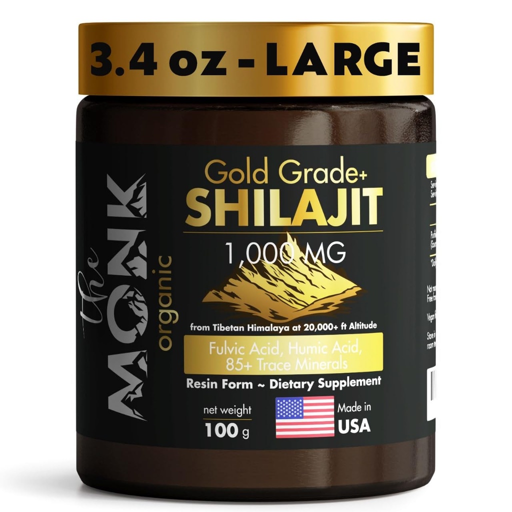 Organisk Himalayan Shilajit Resin med Fulvic Acid, Humic Acid, 85+ Minerals-Gold Grade Plus - 100g, 1000 mg Per Servering - Energi, Stamina, Brain Support - Tillverkad i USA