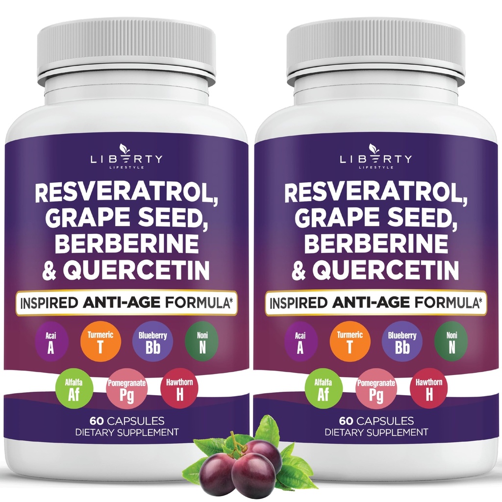 Resveratrol, berberiini, Grape Seed Extract, Quercetin, Polyfenoli Supplement naisten ja miesten kanssa Noni Extract, N-Acetyl Cysteine, Acai Extract - 2-Pack