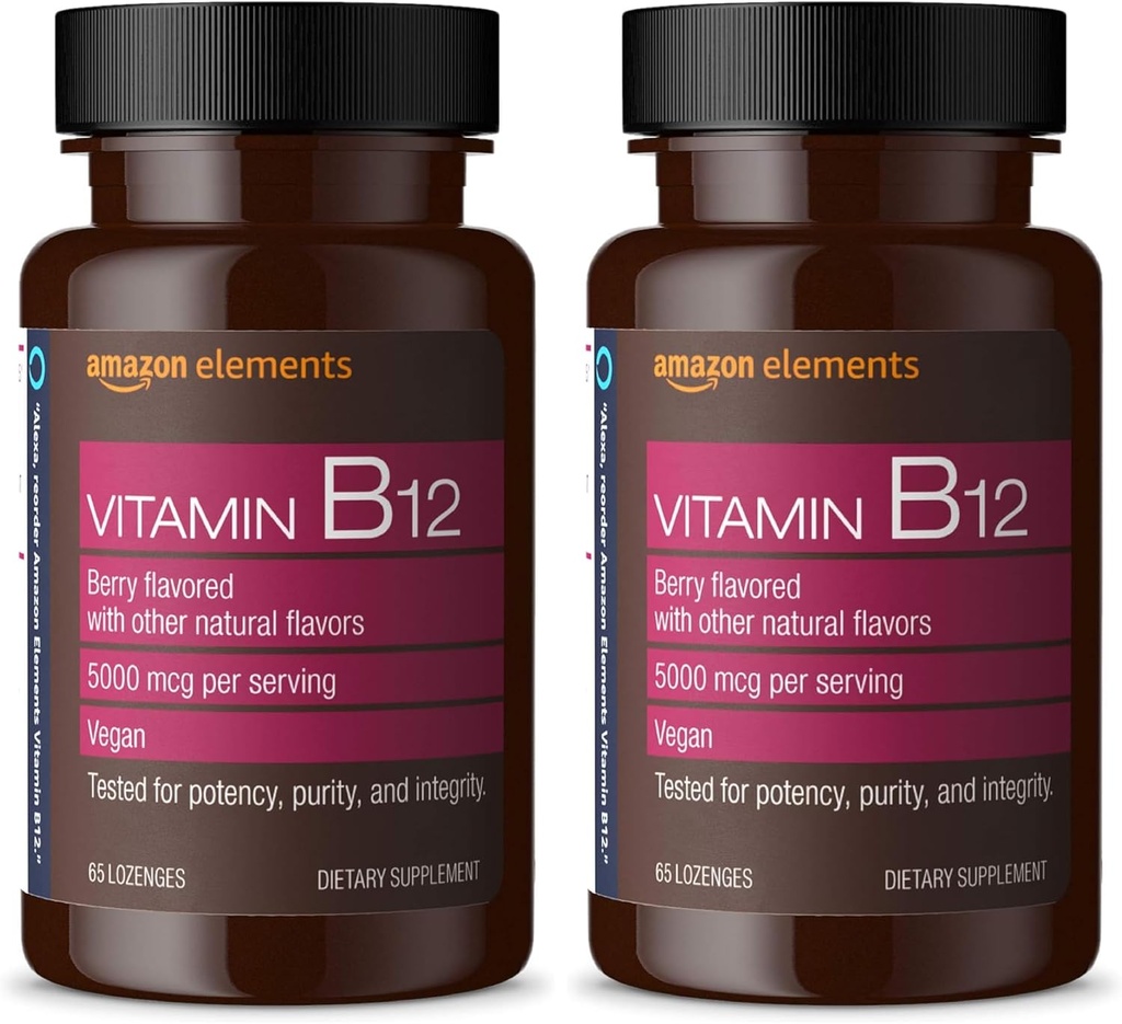 Elementit B12-vitamiini Metyylikobalamiini 5000 mikrog - Normaali energiantuotanto ja aineenvaihdunta, Immunosysteemin tuki - 2 kuukauden tarjonta, Berry Flavored Lozenges, 65 luku (Pakkaus 2)