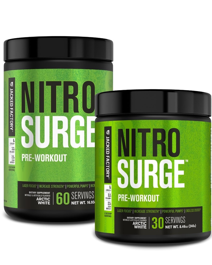 Jacked Factory NITROSURGE Pre harjoitus täydentää - Loputon energia, pikavoimaa voitot, selkeä Focus, Intense Pumput - NO Booster & Powerful Preworkout Energy Powder - 90 tarjoilut, Arctic White