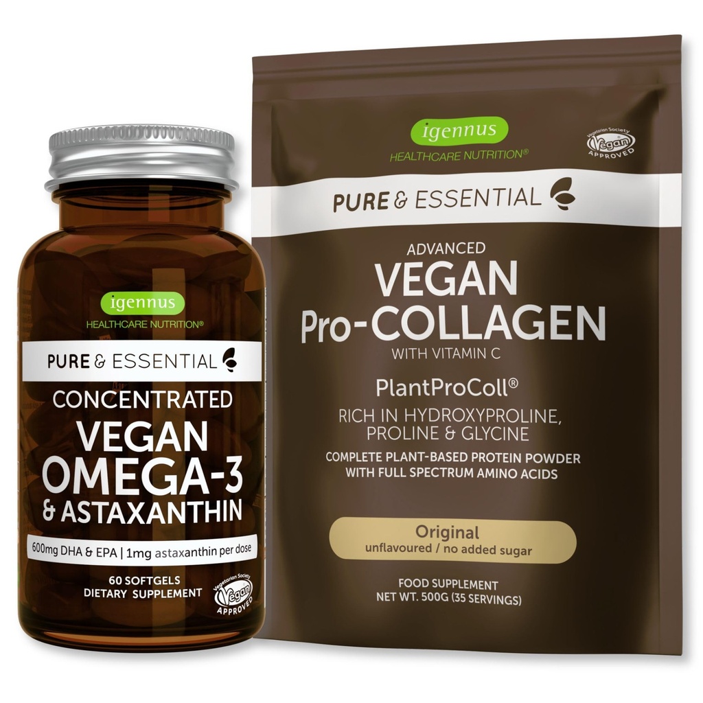 Puhdas & Essential Vegan Peptide Protein Powder & Vegan Omega 3 Bundle, Complete Collagen Boosting Formula & Sustainable Algae Oil 1340mg, Igennus