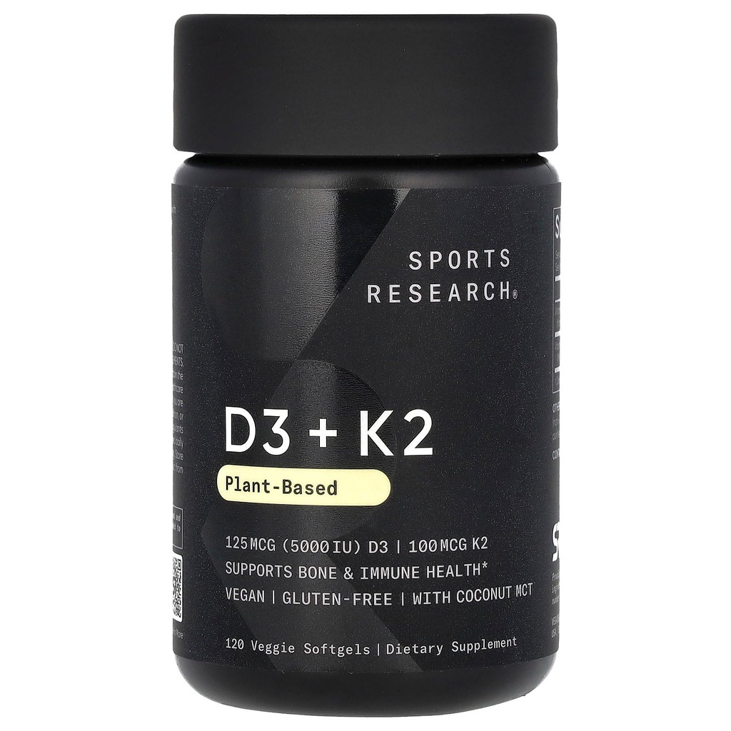 Sports Research Vitamin D3 med K2 Softgels - Plant Based K2 & Vegan D3 5000iu med Coconut MCT Oil - Vegan Certified, Soy & Gluten Free - 120 Count