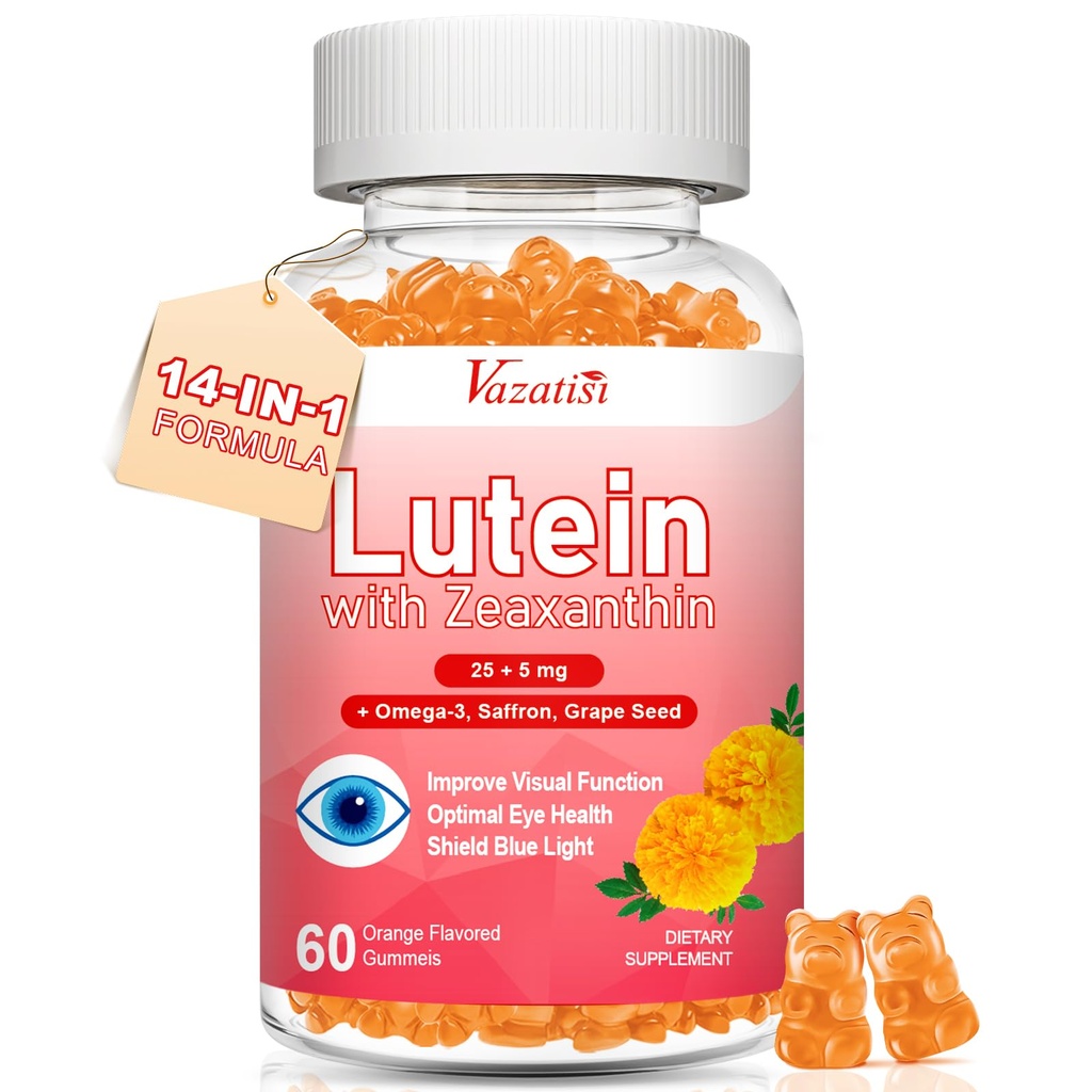 Luteiini ja Zeaksantiini Lisäravinteet Gummies, Advanced Eye Vitamiini täydentää kanssa Mustikka, Saffron, Rypäleen siemen, Omega 3 varten Macular Health, Kuiva silmä, Visual Function - Oranssi Flavor, 60
