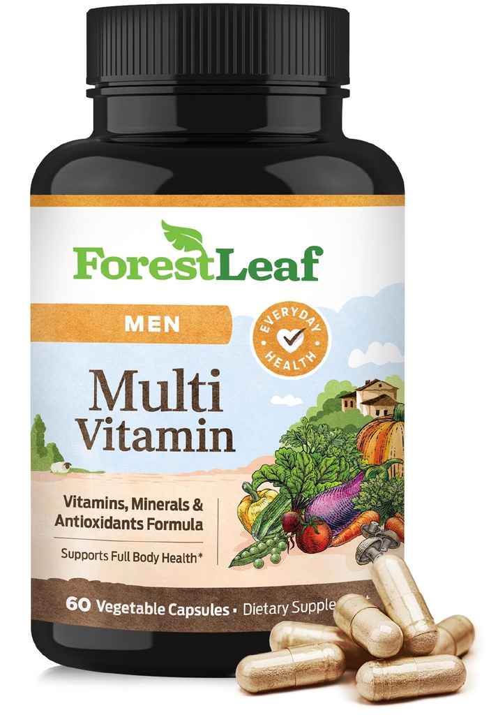 ForestLeaf Daily Vitamin Multivitamin för Män, Multi-Vitamin för Män - Mens Multivitaminer & Multiminerals Supplement | Alla väsentliga vitaminer som behövs för hälsa, livslängd och energi | 60 Veg Caps