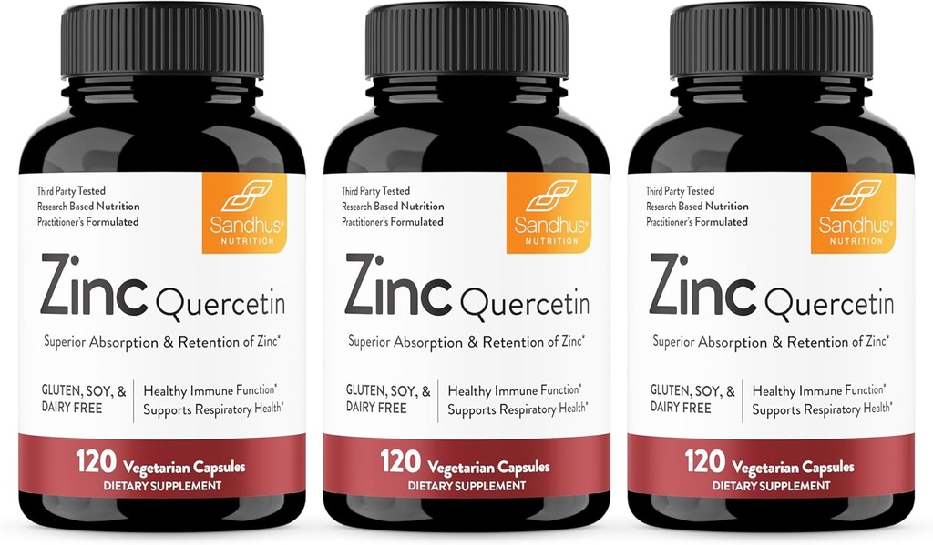 Sandhu's Zinc Quercetin 120 Vegetariska kapslar (Pack of 3) | Zink Supplements for Antioxidant Immune Support for Men and Women | Gluten, Soy, Dairy Free