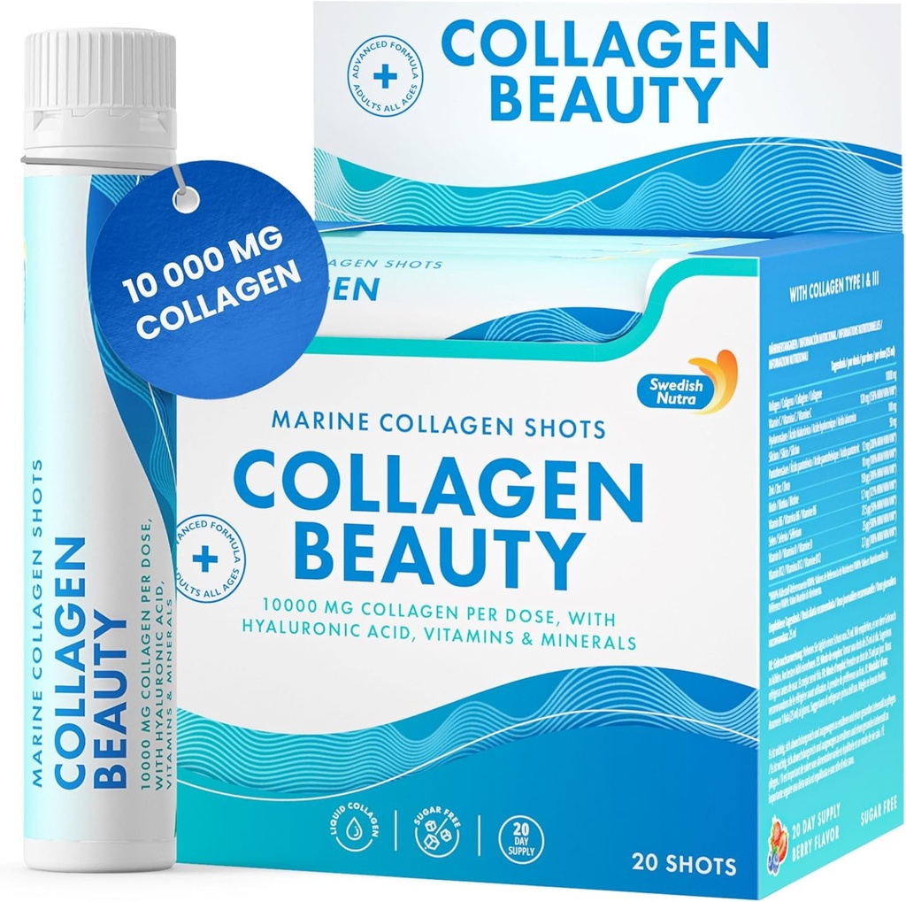 Swedish Nutra - Collagen Beauty | 10 000 mg Hydrolyzed Marine Collagen Liquid Supplement - 20 x 25 ml Daily Shots | Hyaluronsyra och vitamin C för att stödja hälsosamt hår, hud, naglar | Sugar-Free