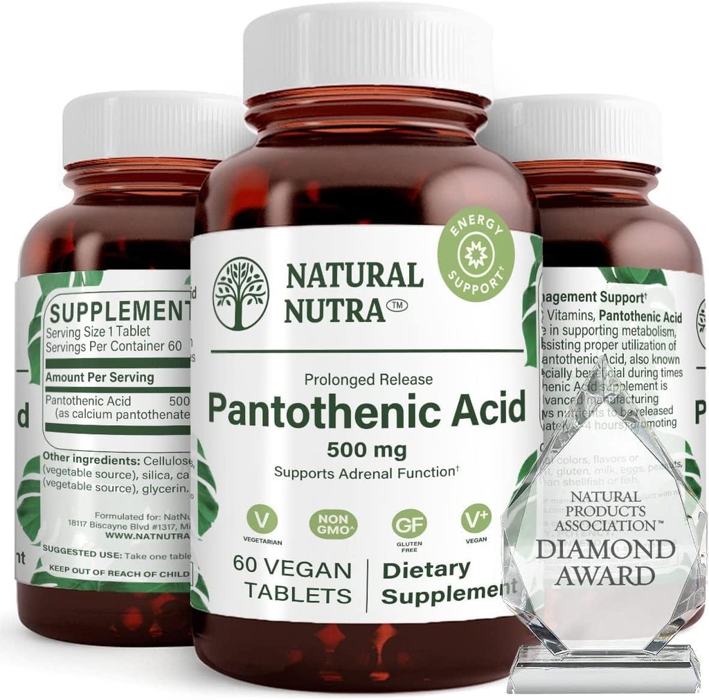 Natural Nutra Time Release Pantothenic Acid 500 mg, vitamin B5 Supplement hjälper till att bryta ner fett och kolhydrater, metabolism och energi, förbättra muskelhälsan, 60 vegetariska tabletter (3 Pack)