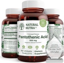 Natural Nutra Time Release Pantotenic Acid 500 mg, B5-vitamiinin lisäravinteet auttaa rikkomaan rasvaa ja hiilihydraatteja, aineenvaihduntaa ja energiaa, parantaa lihasten terveyttä, 60 kasvisruokaa tabletteja (3 pakkaus)