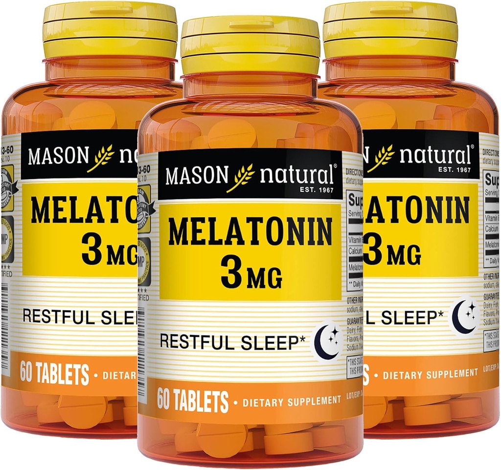MASON NATURAL Melatoniini 3 mg B6 & Calcium, luonnollinen uniapu, tukee levollinen uni, 60 tablettia (pakkaus 3)