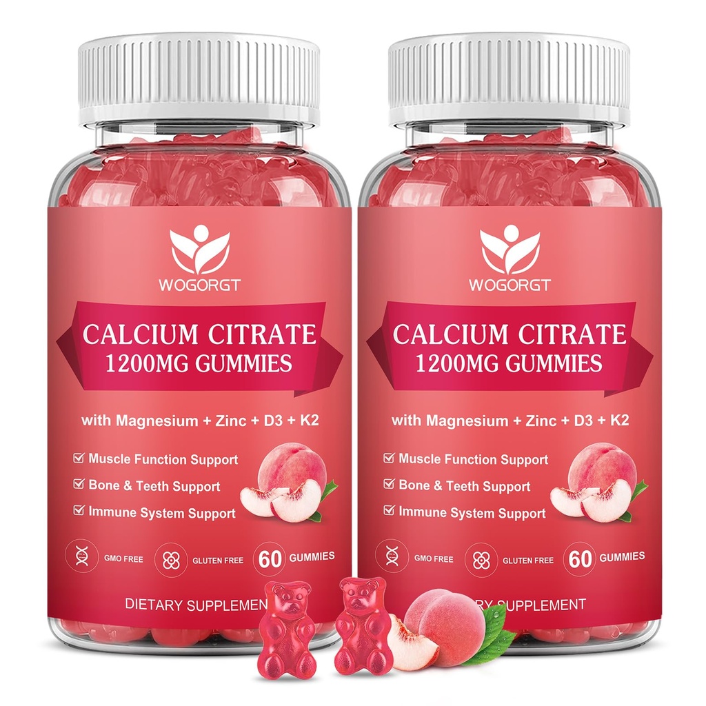 Kalsiumsitraatti 1200 mg Gummies D3-vitamiinilla, K2 - pureskeltava kalsium Magnesiumsinkki d3 täydentää Sea Moss Extract Bone, Hampaat, Immuuni tuki naisille ja miehet, Persikka Flavor-60 Gummies(2Pack)