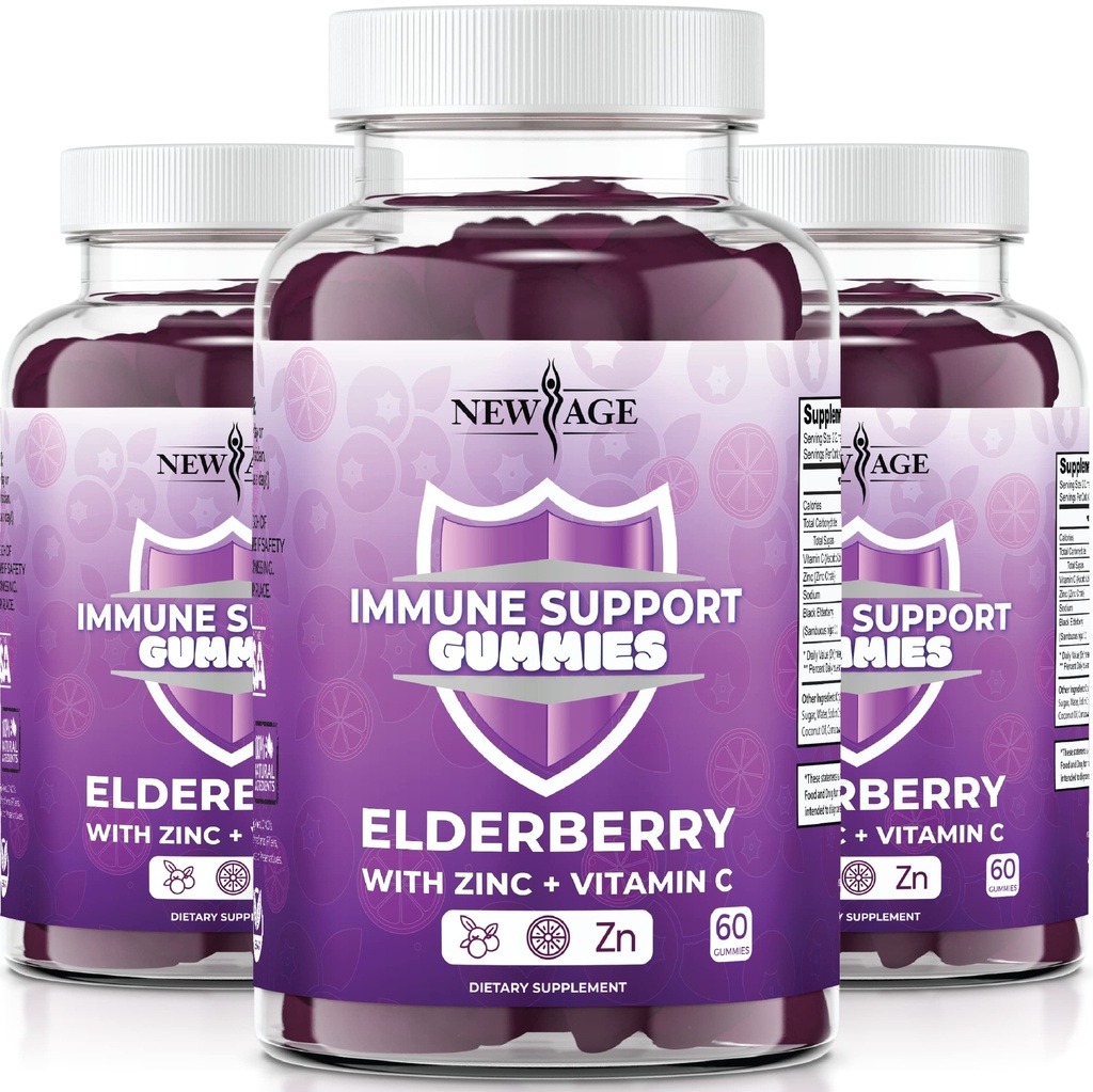 NEW AGE Immuunijärjestelmän tuki Gummies - Sambucus Musta Elderberry Gummies C-vitamiinia ja sinkkiä (Immuunituki 180 Gummies)