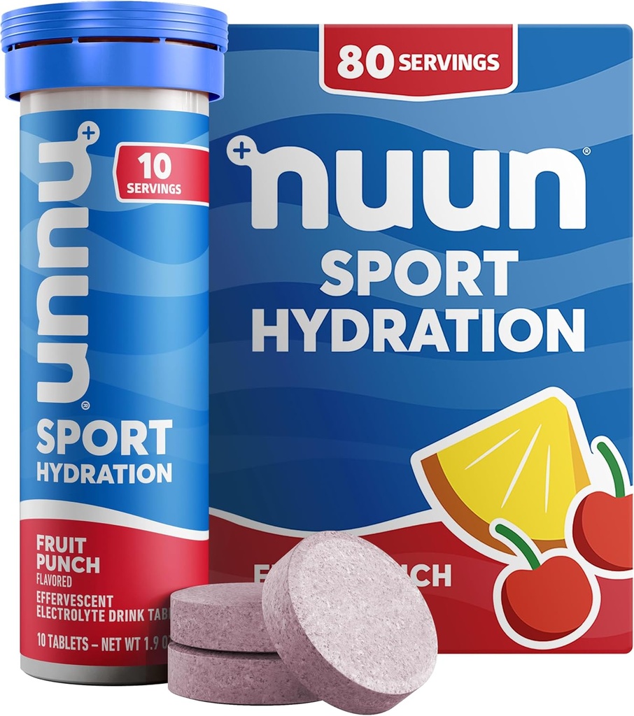 Nuun Sport Elektrolyyttitabletit, joissa on magnesiumia, kalsiumia, kaliumia, kloridia ja natriumia, gluteeniton ja vegaaninen, hedelmämehu, 8 pakkausta (80 tarjoilua yhteensä)