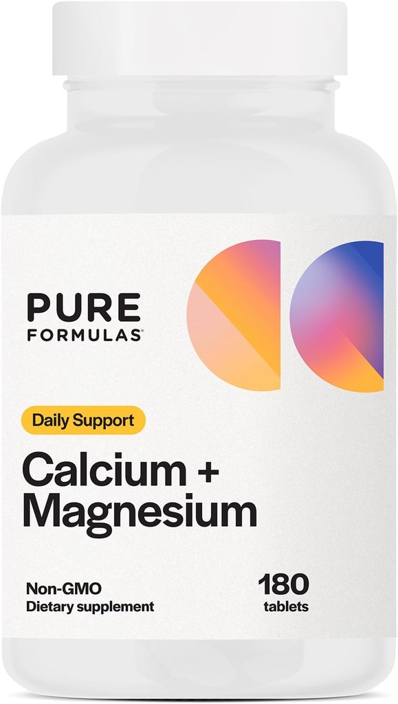 PureFormulas Calcium + Magnesium - Glutenfri tillägg stöder benhälsa och övergripande välbefinnande med Magnesium Calcium Vitamin C Vitamin D & Boron, Allergen Friendly Non-GMO 180 tabletter