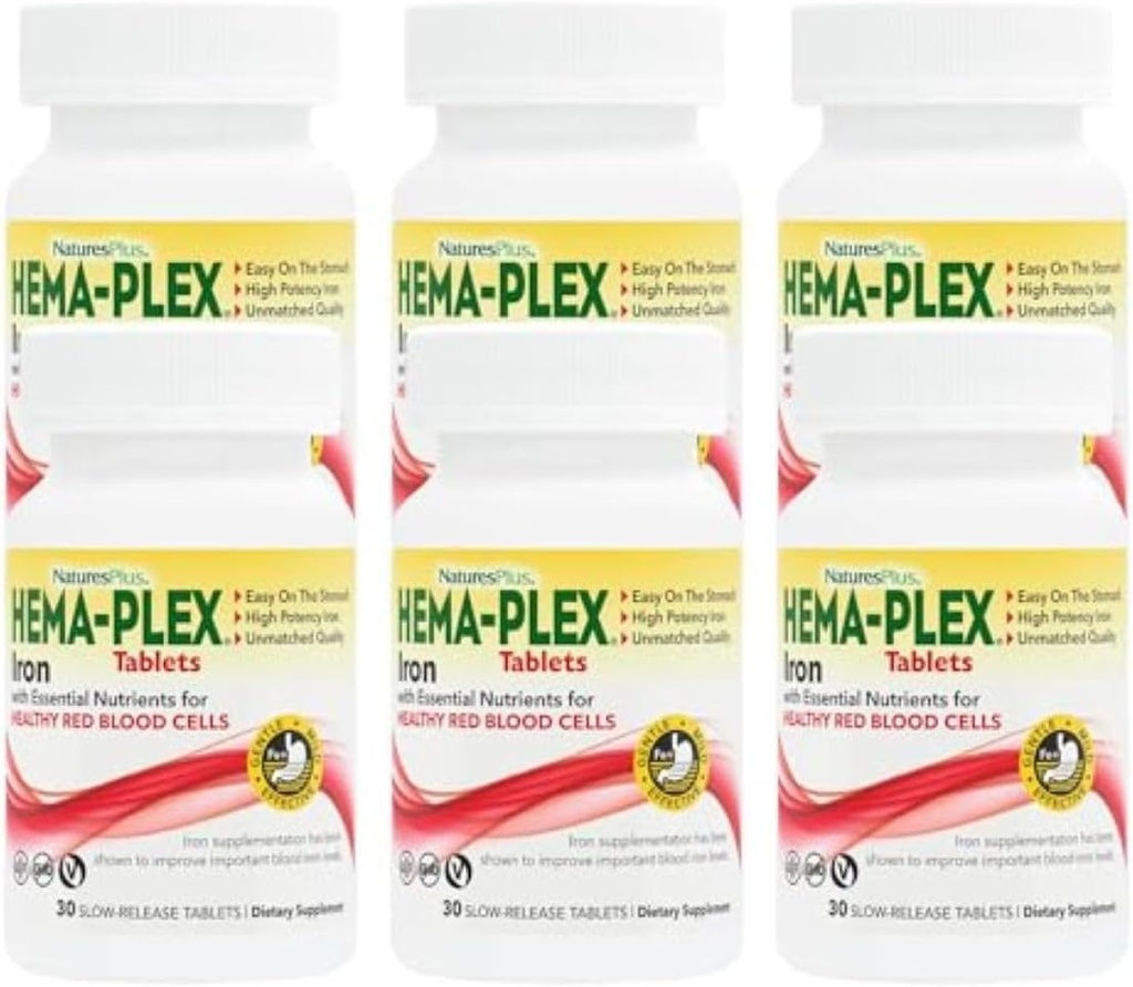 NaturesPlus Hema-Plex Silitysrauta - 30 kestävästi vapauttavaa tablettia, pakkaus 6-85 mg Elementaalirauta - Total Blood Health - vitamiini C & Bioflavonoidit - Vegaani, gluteeniton - 180 yhteensä tarjoilua