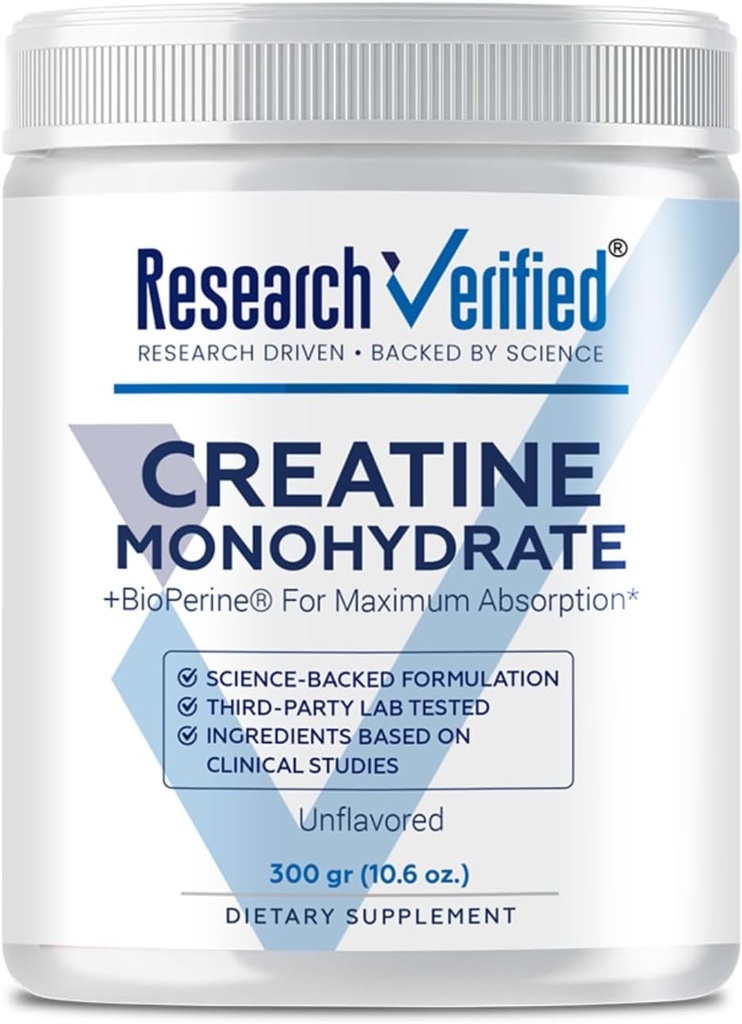 Forskning Verifierad Kreatinmonohydrat - Stöd Optimal Muskeltillväxt, Förbättringsprestanda - 5000mg Kreatinmonohydrat - BioPerine - 60 portioner - Osmakad - Vegan