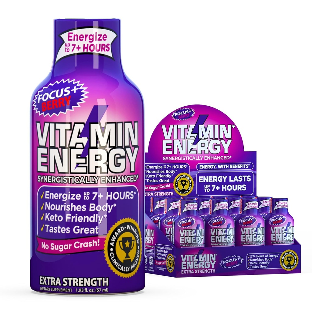 Vitamiini Energy Focus+ Extra Strength Energy Shot Berry 4 pakkaus, 260 mg luonnollinen kofeiini, B-vitamiinit, CoQ10, Aminohapot, tarkennus, tuottavuus ja selkeys, nollasokeri, gluteeniton, 1,93 fl oz
