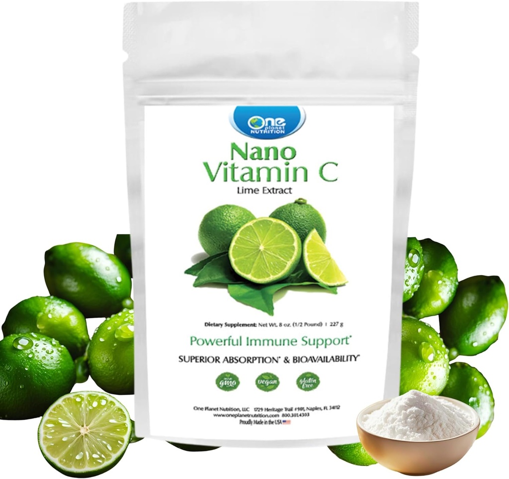 One Planet Nutrition Nano C Powder 8 oz (227 tarjoilua), Askorbiinihappo Lime Extract, Nano parantaa imeytymistä, tukee kollageenin tuotanto & Immuuniterveys, ei-GMO, Vegan