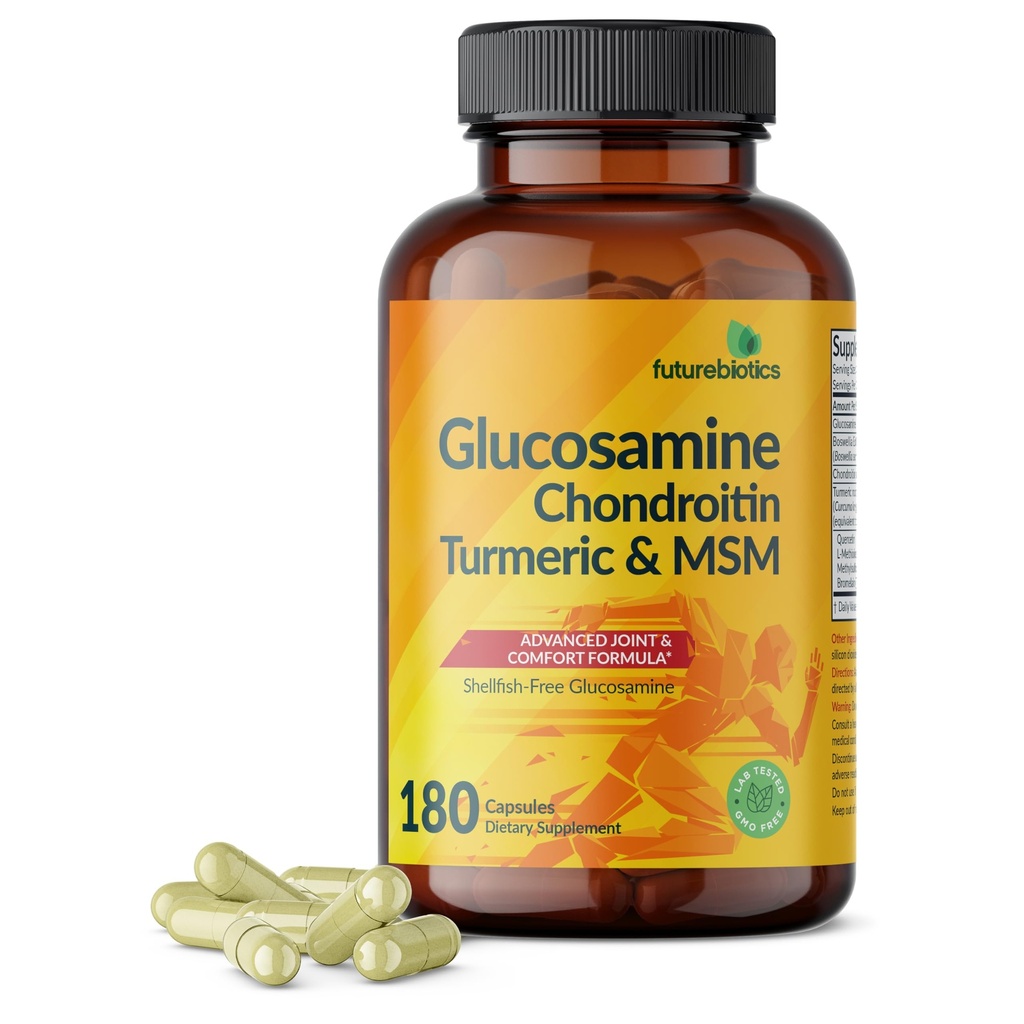Futurebiootit Glukosamiini Chondroitin Turmeric & MSM Advanced Joint Formula, tukee terve nivelet & liikkuvuus - ei-GMO, 180 kapselia