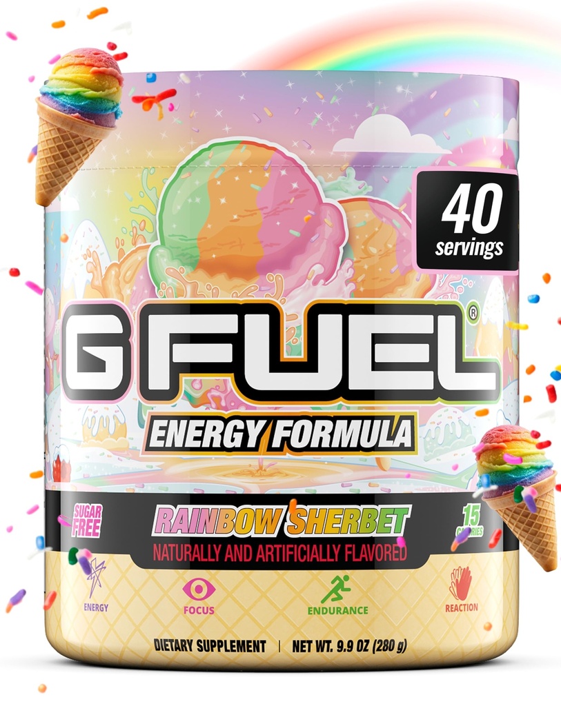 G Polttoaine sateenkaari Sherbet Energy Drink Powder, Pre Treeni kofeiini Mix pelaamista, sokeriton Focus Amino, vitamiini + antioksidantteja, 9,9oz (Rainbow Sherbet, 40 tarjoilua)