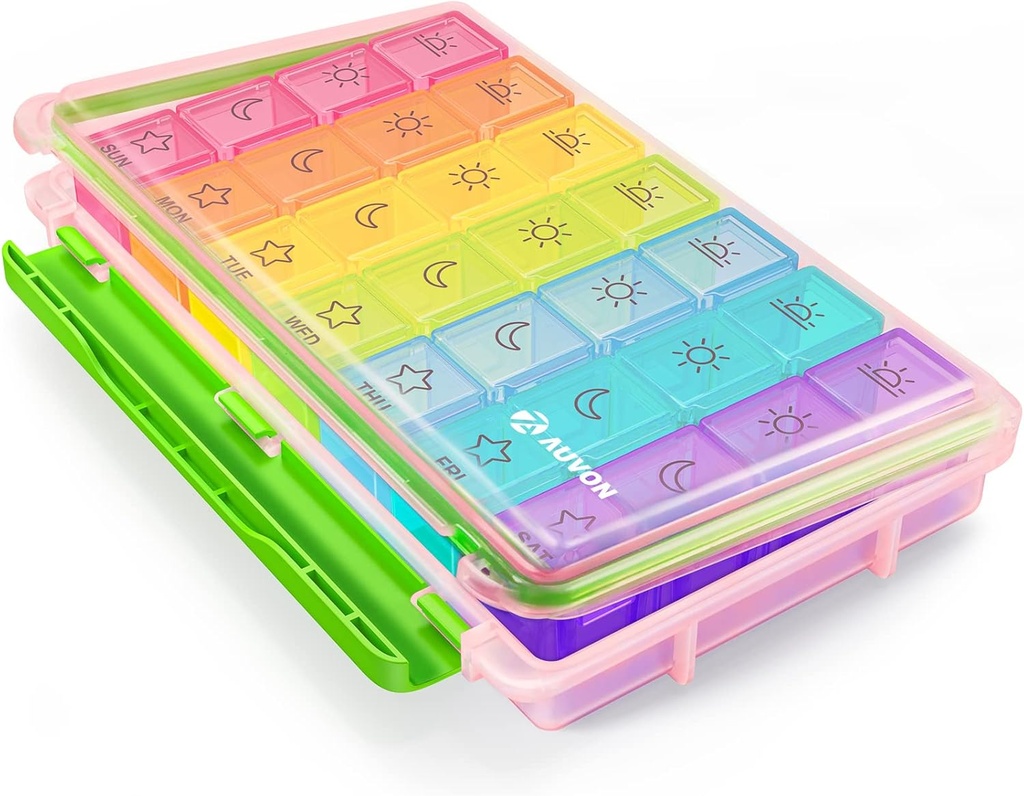 AUVON iMedassist Kosteus-Proof Weekly Pill Organizer 4 Kertaa päivässä, Suuri 7 päivän pillerilaatikko tapauksessa Kannettava suunnittelu matkustaa, Irrotettavat yksittäiset säiliöt Hold Vitamiinit, Lisäravinteet, Lääkkeet