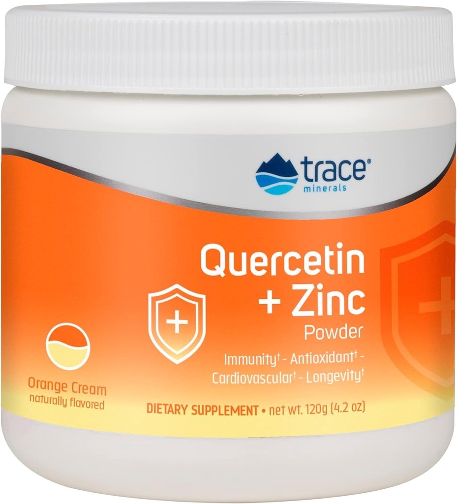Trace Minerals Quercetin Plus Sinkkijauhe - Antioksidantti täydentää immuunitukea - Mineral Supplement Aids Kardiovascular Health - Sisältää C-vitamiinia & ioni - Orange Cream, 120g (30 tarjoilua)