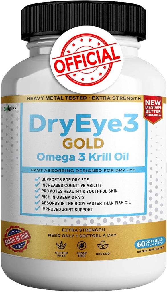 Dry Eye 3 Kulta Omega 3 Krill Oil Extra Strength, 60 Softgels, Dry Eye Support, Ei-GMO, Gluteeniton, Sokeriton (1)