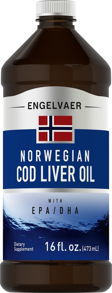Piping Rock Cod Liver Oil Liquid | 16 fl oz | med EPA DHA | Engelvaer Norwegian | Non-GMO, Gluten Free Supplement