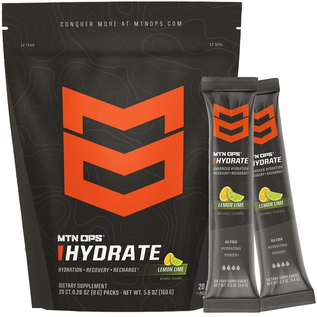 MTN OPS Hydrate Electrolytes Powder Drink Mix, 20 singel som serverar on-the-Go Electrolyte Packs med över 1000mg Electrolytes per servering, Lemon Lime