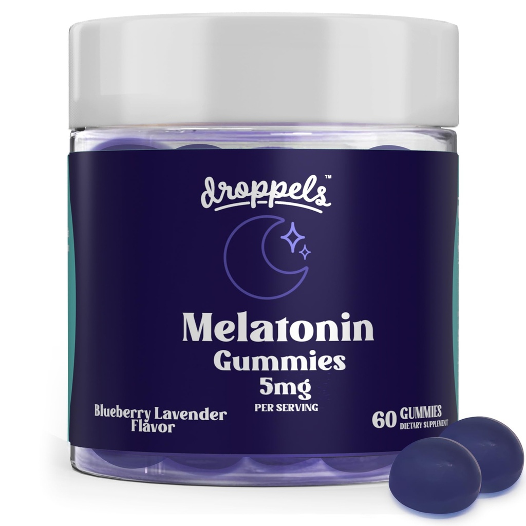 Droppels Melatoniini Gummies, 5mg ... Kasvi-Based, Vegan Melatoniini 5mg Natural Sleep Support Kamomilla uute, 60 kreivi, mustikka maku (1-kuukautinen toimitus)