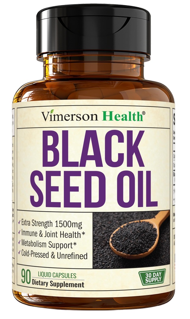 Black Seed Oil - Cold Pressed Black Seed Oil Kapselit - Tarjoaa E-vitamiinia & Omega 3 6 9 - Korkea teho (1500 mg) Immuuni-ja niveltuki, antioksidantit, Digestio, Hiusten ihokynnet - Vegan 90 Caps