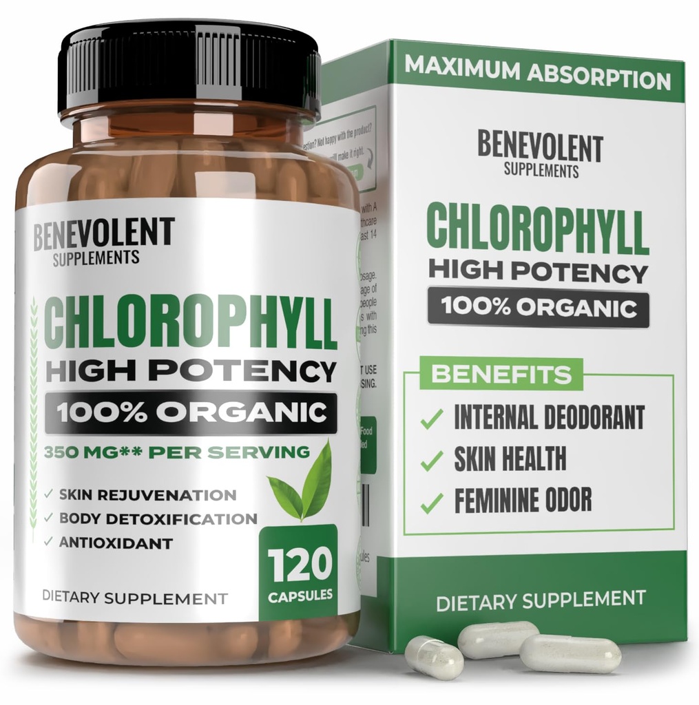 Benevolent Chlorophyll Capsules 350mg - 100% Natural + Ultra Chlorophyll 20x Potenskoncentration för energiökning, immunstöd, inre deodorant, hudhälsa, icke-GMO, 120 kapslar